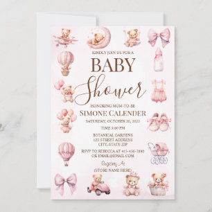 Invitación de Baby Shower de Oso Teddy Rosa