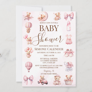 Invitación de Baby Shower de Oso Teddy Rosa