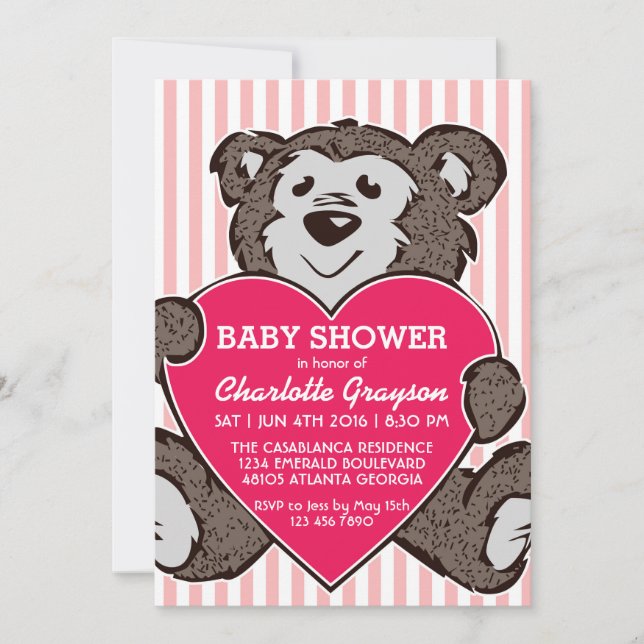 Invitación de Baby Shower de Oso y Corazón Rosa (Anverso)