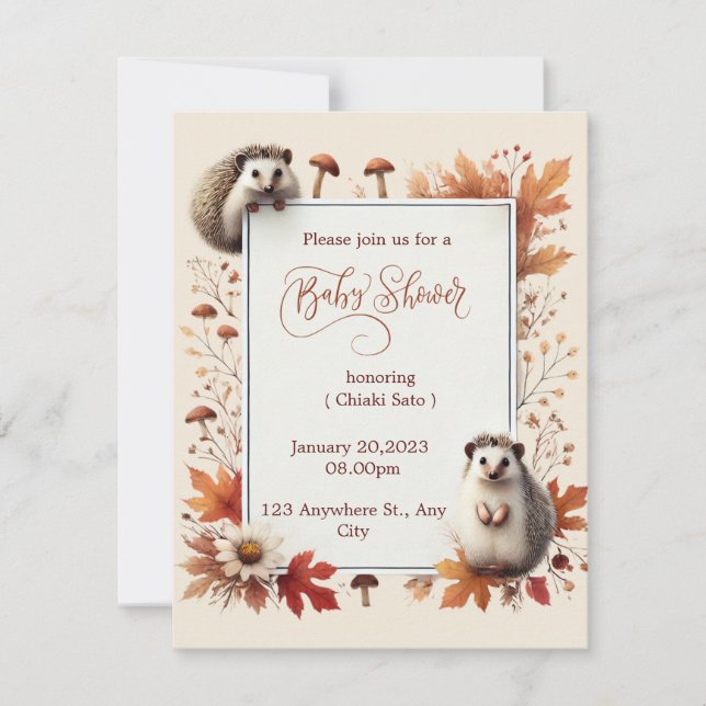 Invitación de Baby Shower de otoño a Hedgehog (Anverso)