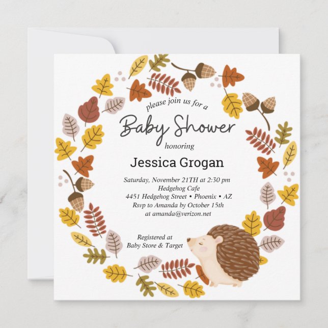 Invitación de Baby Shower de otoño a Hedgehog (Anverso)