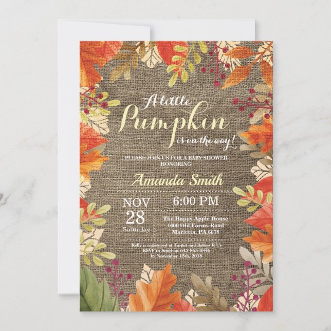 Invitación de Baby Shower de otoño con arpillera (Anverso)