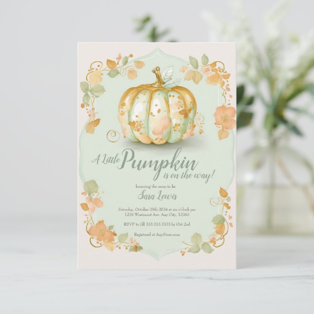 Invitación de baby shower de otoño con calabaza (Anverso de pie)