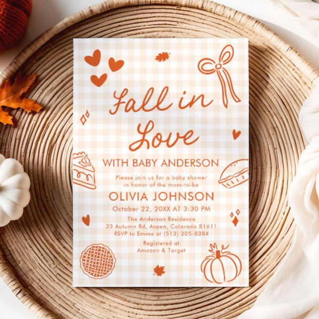 Invitación de Baby Shower de Otoño para Enamorarse (Orange Gingham Hand Drawn Fall in Love Baby Shower Invitation)