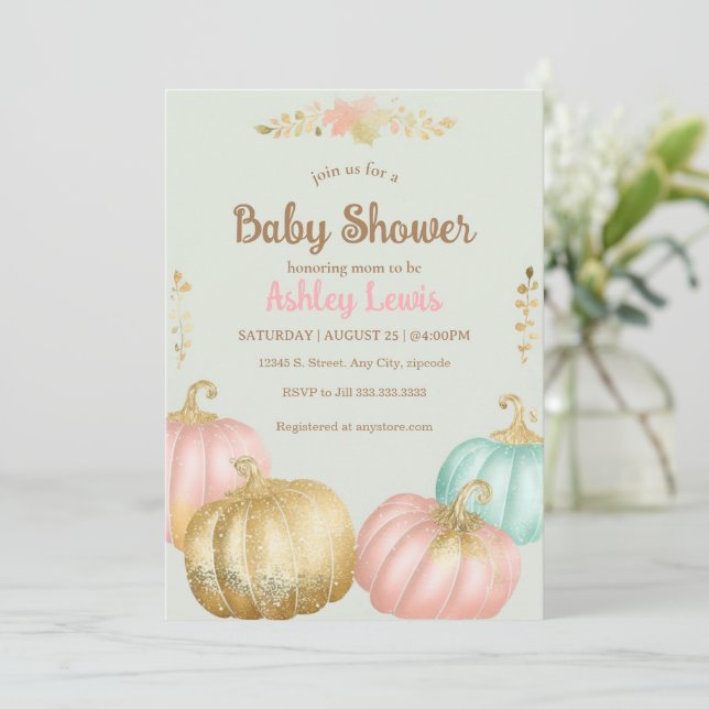 Invitación de baby shower de otoño rosa y dorado d (Anverso de pie)