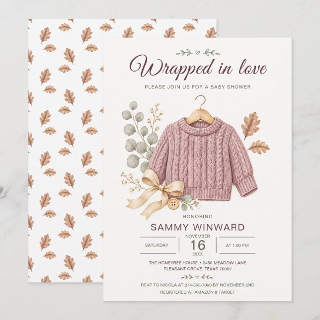 Invitación de Baby Shower de Otoño Suéter Rosa Pol (Anverso / Reverso)