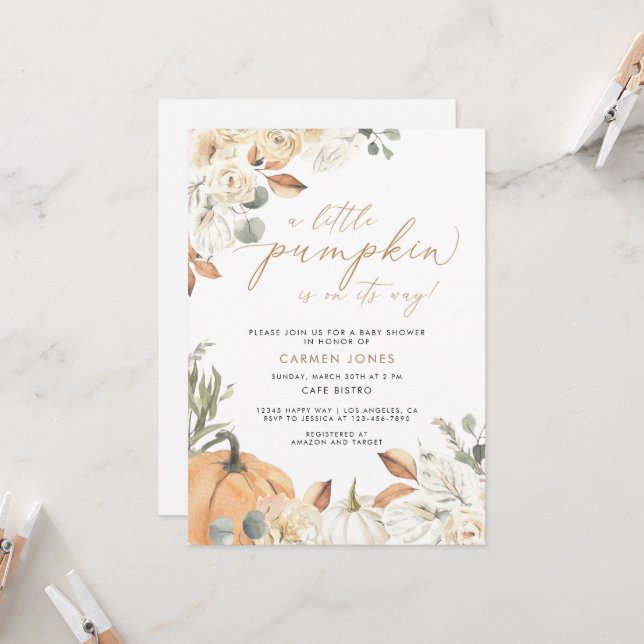 Invitación de Baby Shower de otoño, una calabaza p (Anverso/Reverso In Situ)