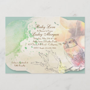 Invitación de baby shower de pajarito en acuarela