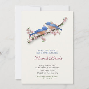 Invitación de baby shower de pájaros azules en flo