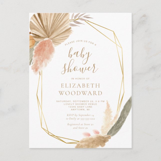 Invitación de Baby Shower de Pampas Boho Chic (Anverso)