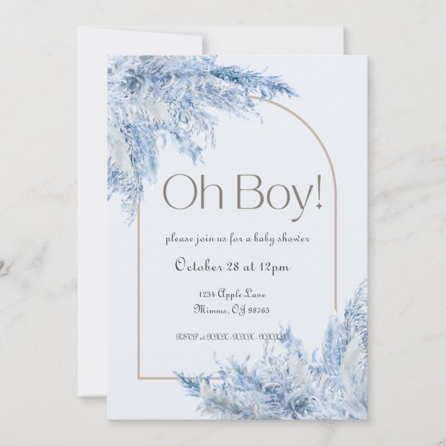 Invitación de baby shower de pampas florales azule (Anverso)
