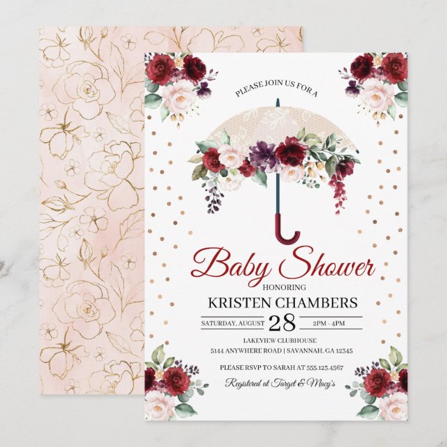 Invitación de Baby Shower de paraguas florales de  (Anverso / Reverso)