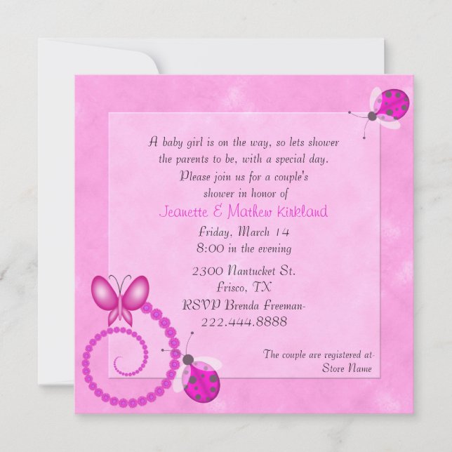 Invitación de Baby Shower de pareja de bugs rosado (Anverso)