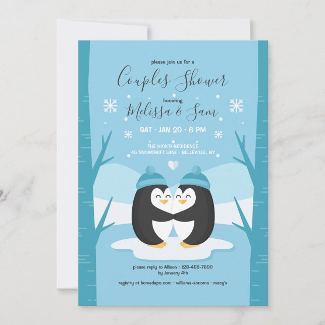 Invitación de Baby Shower de Parejas de Pingüinos (Anverso)