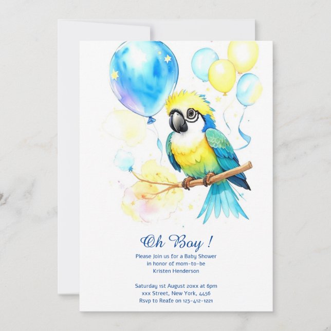Invitación de Baby Shower de Parrot Boy Watercolor (Anverso)