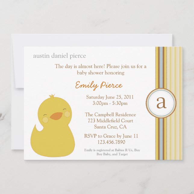 Invitación de Baby Shower de pato bebé (Anverso)