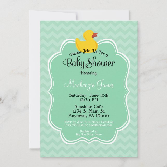 Invitación de Baby Shower de pato de menta neutra (Anverso)
