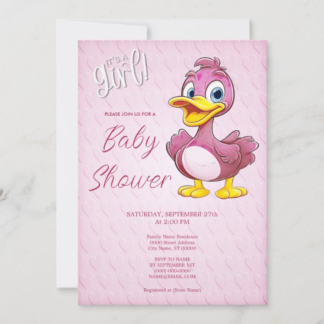 Invitación de Baby Shower de pato rosa (Anverso)