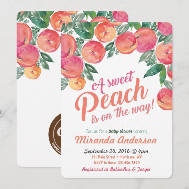 Invitación de Baby Shower de Peach (Anverso / Reverso)