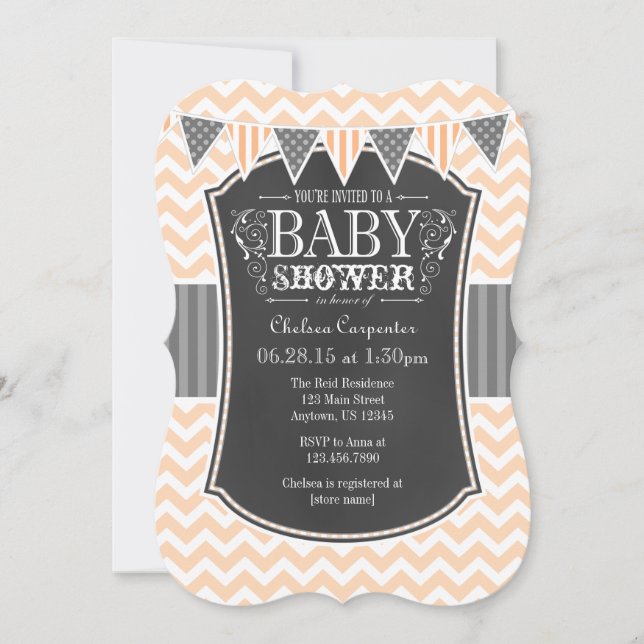 Invitación de Baby Shower de Peach Chalkboard Chev (Anverso)