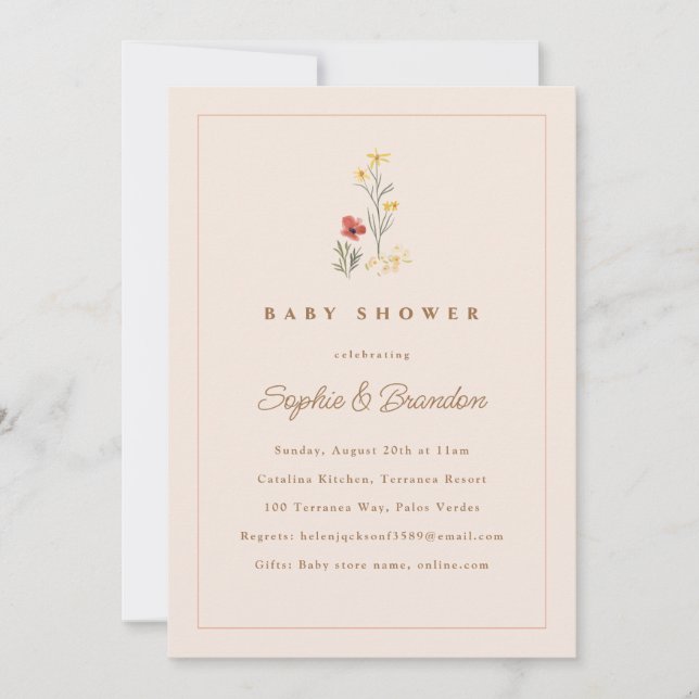 Invitación de Baby Shower de Peach Wildflowers Par (Anverso)