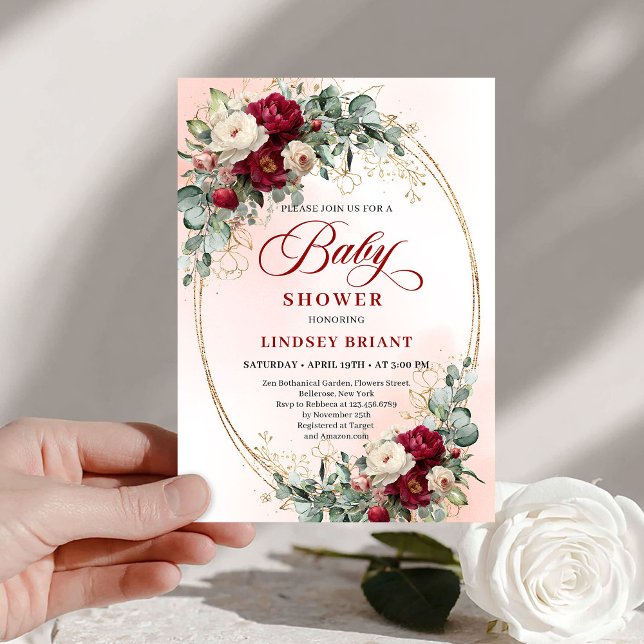 Invitación de Baby Shower de Peonía Burgundy Boho  (Trendy Boho Burgundy Peony Baby Shower Invitation)