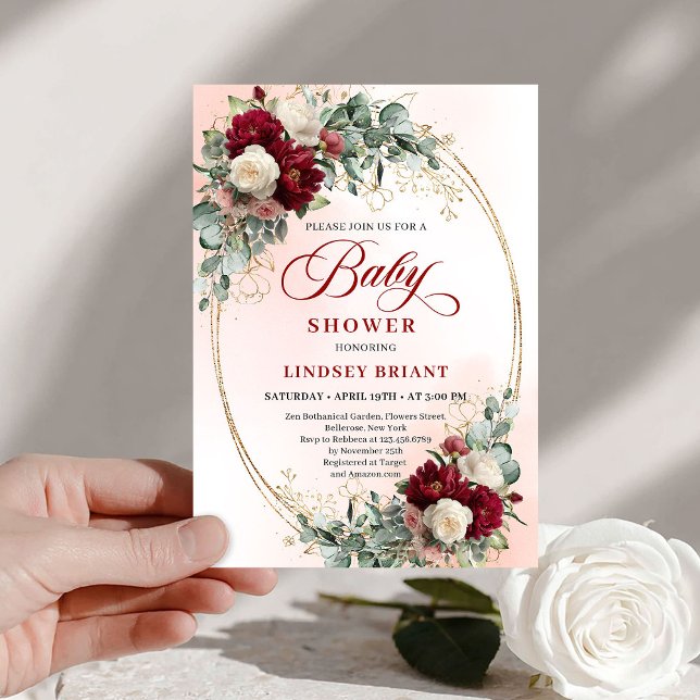 Invitación de Baby Shower de Peonía Profunda Román (Romantic Deep Red Peony Baby Shower Invitation)