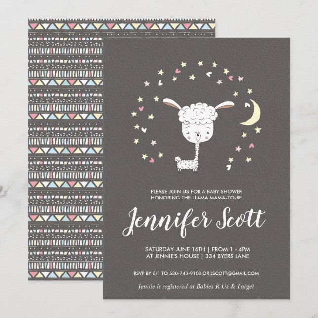 Invitación de Baby Shower de Pequeña Llama (Anverso / Reverso)