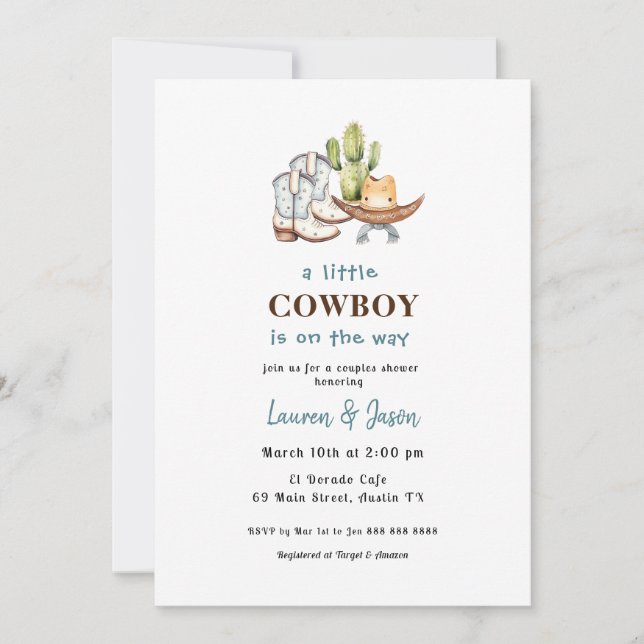 Invitación de Baby Shower de Pequeño Vaquero (Anverso)