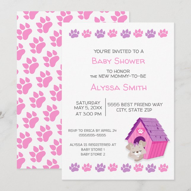 Invitación de Baby Shower de Perrito Rosa y Morado (Anverso / Reverso)