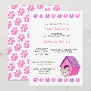 Invitación de Baby Shower de Perrito Rosa y Morado