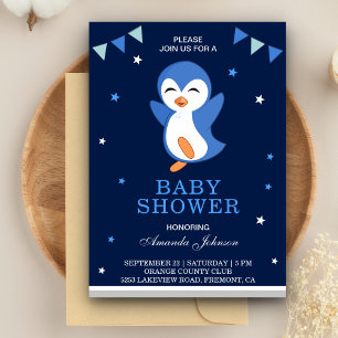 Invitación de Baby Shower de Pingüino Azul Adorabl
