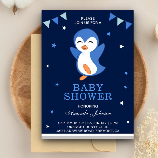 Invitación de Baby Shower de Pingüino Azul Adorabl (Subido por el creador)