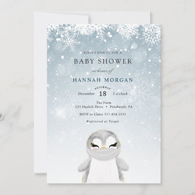 invitación de baby shower de pingüino de invierno  (Anverso)
