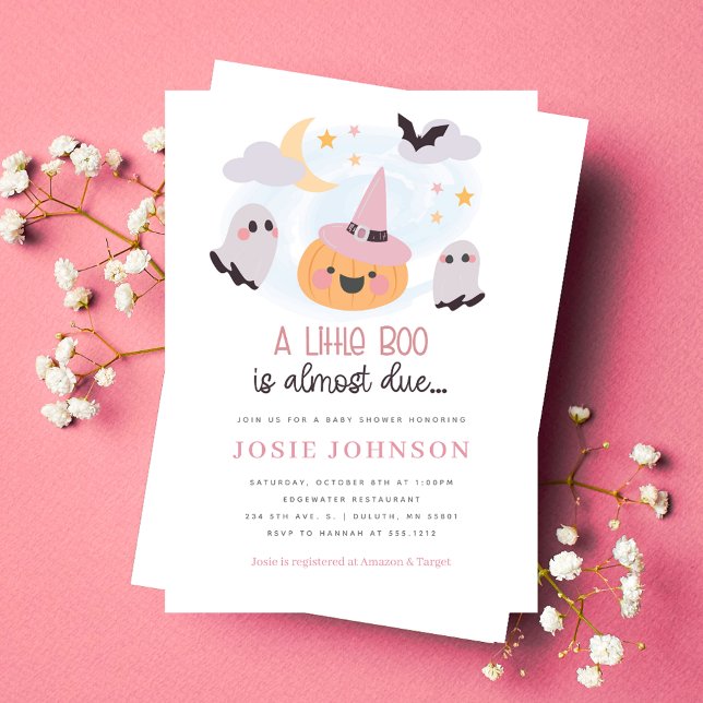 Invitación de Baby Shower de Pink Little Boo Hallo (Pink Little Boo Halloween Baby Shower Invitation)