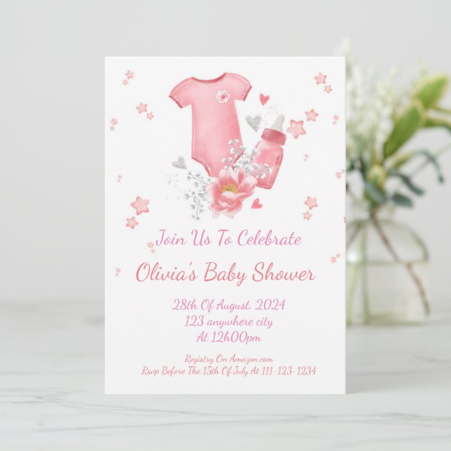 INVITACIÓN DE BABY SHOWER DE PINK PARA CHICAS (Anverso de pie)