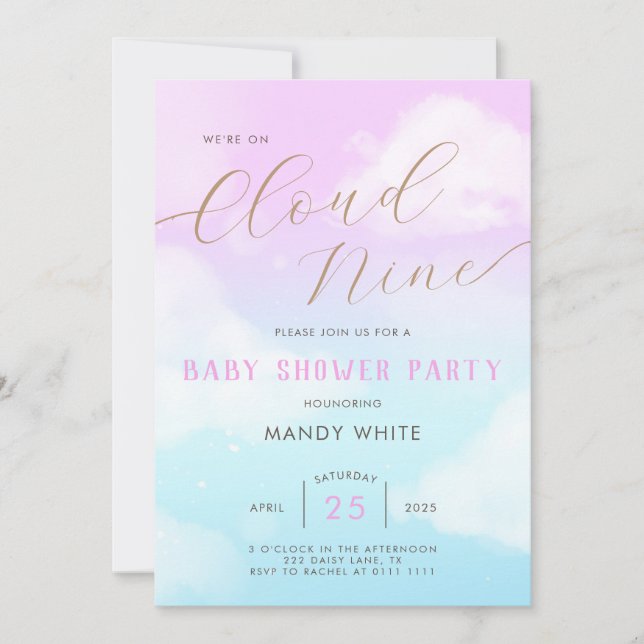 Invitación de Baby Shower de Pink Sky Cloud Nueve (Anverso)