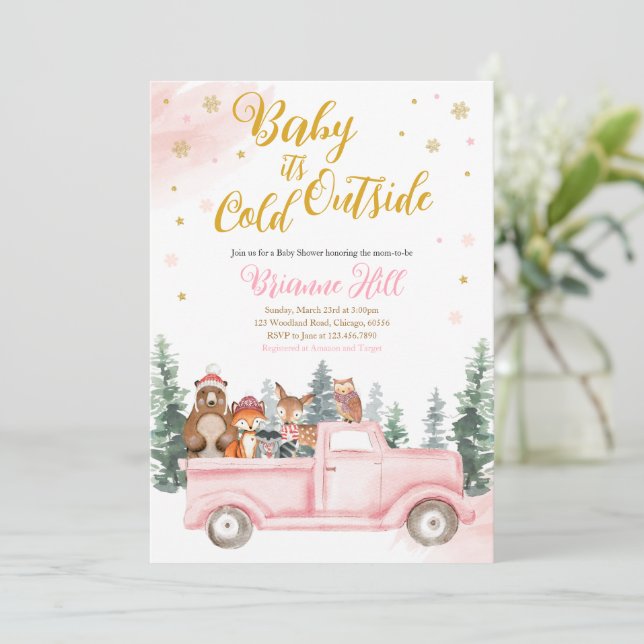 Invitación de Baby Shower de Pink Winter Woodland (Anverso de pie)