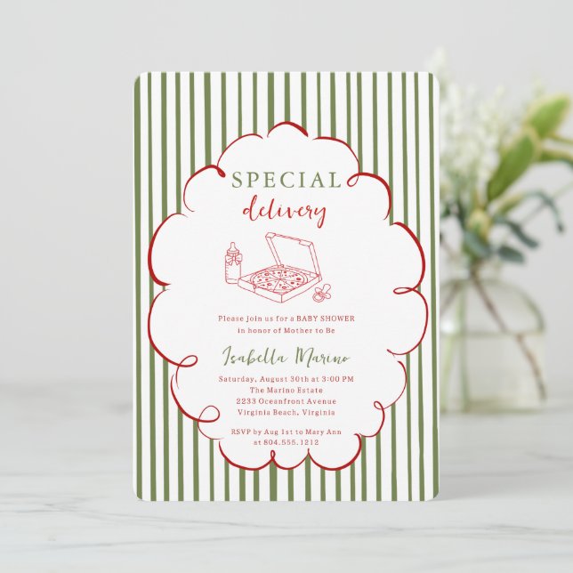 Invitación de Baby Shower de Pizza de Entrega Espe (Anverso de pie)