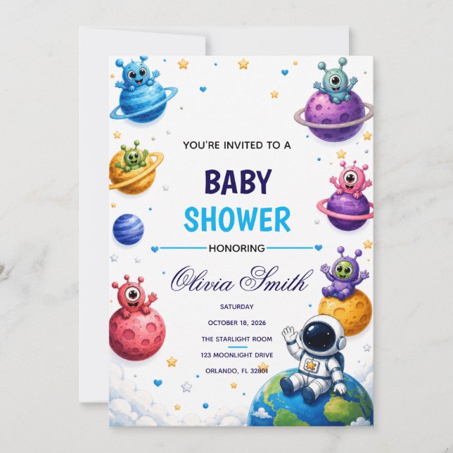 Invitación de Baby Shower de Planetas Alien Cute (Anverso)