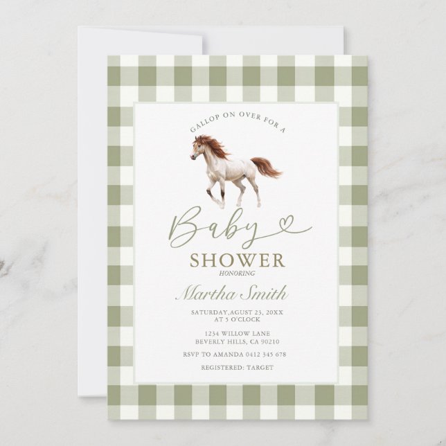 Invitación de Baby Shower de Potro Verde Salvia (Anverso)