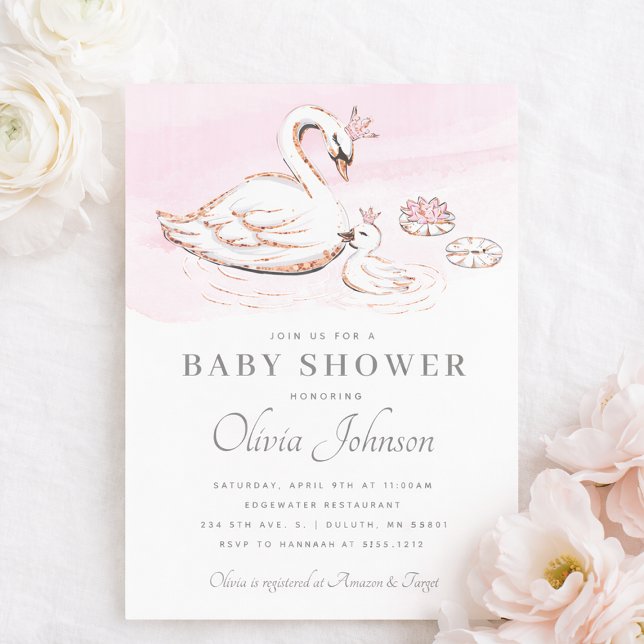 Invitación de Baby Shower de Princesa Cisne Rosa M (Modern Pink Princess Swan Baby Shower Invitation)