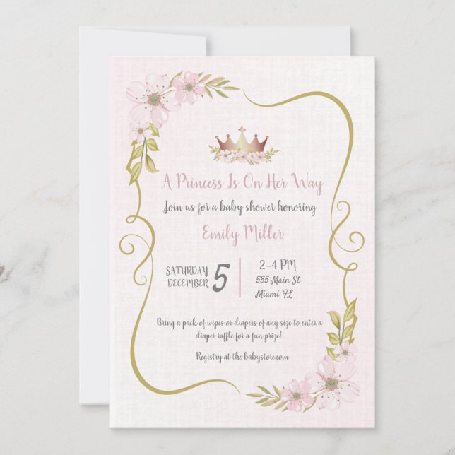 invitación de baby shower de princesa en oro rosa (Anverso)