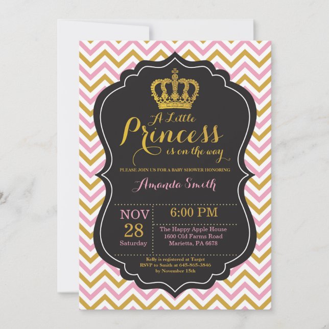 Invitación de Baby Shower de Princesa Rosa y Dorad (Anverso)