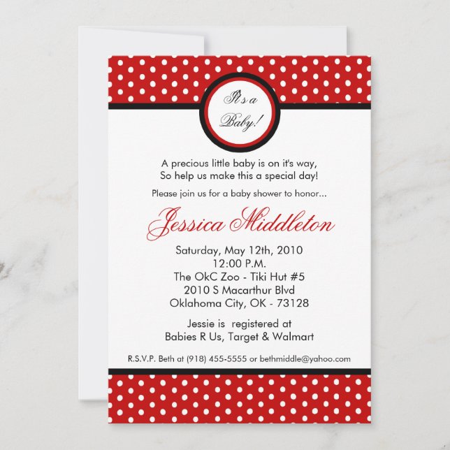 Invitación de Baby Shower de punto rojo de polka c (Anverso)