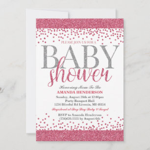 Invitación de baby shower de purpurina rosa y plat
