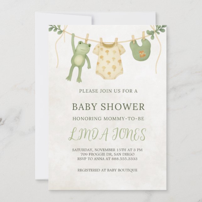 Invitación de Baby Shower de Rana (Anverso)