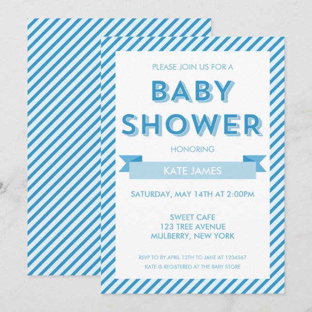 Invitación de Baby Shower de rayas azules modernas (Anverso / Reverso)