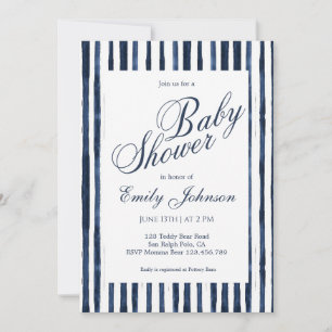 Invitación de baby shower de rayas azules y blanca