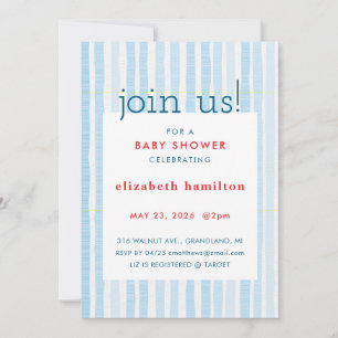 Invitación de baby shower de rayas de acuarela azu
